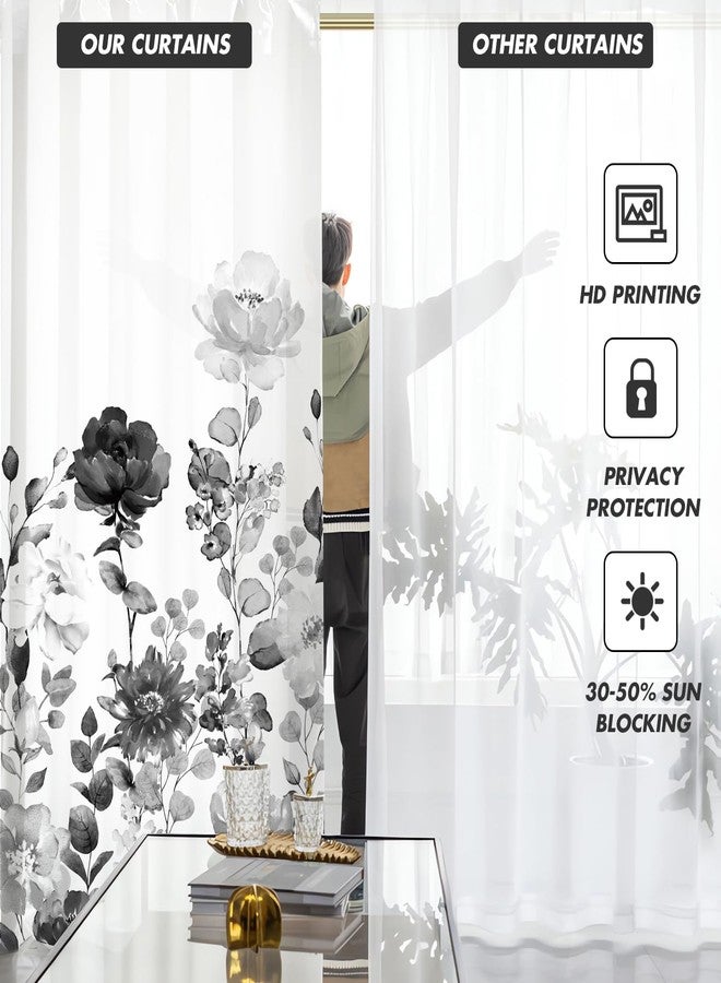 Kikiry Black Grey Floral Curtains 42" W x 63" L Floral Gray White Watercolor Wild Flowers Vintage Plant Herbs Botanical Nature Living Room Bedroom Window Drapes Treatment Fabric 1 Pair - Image 2